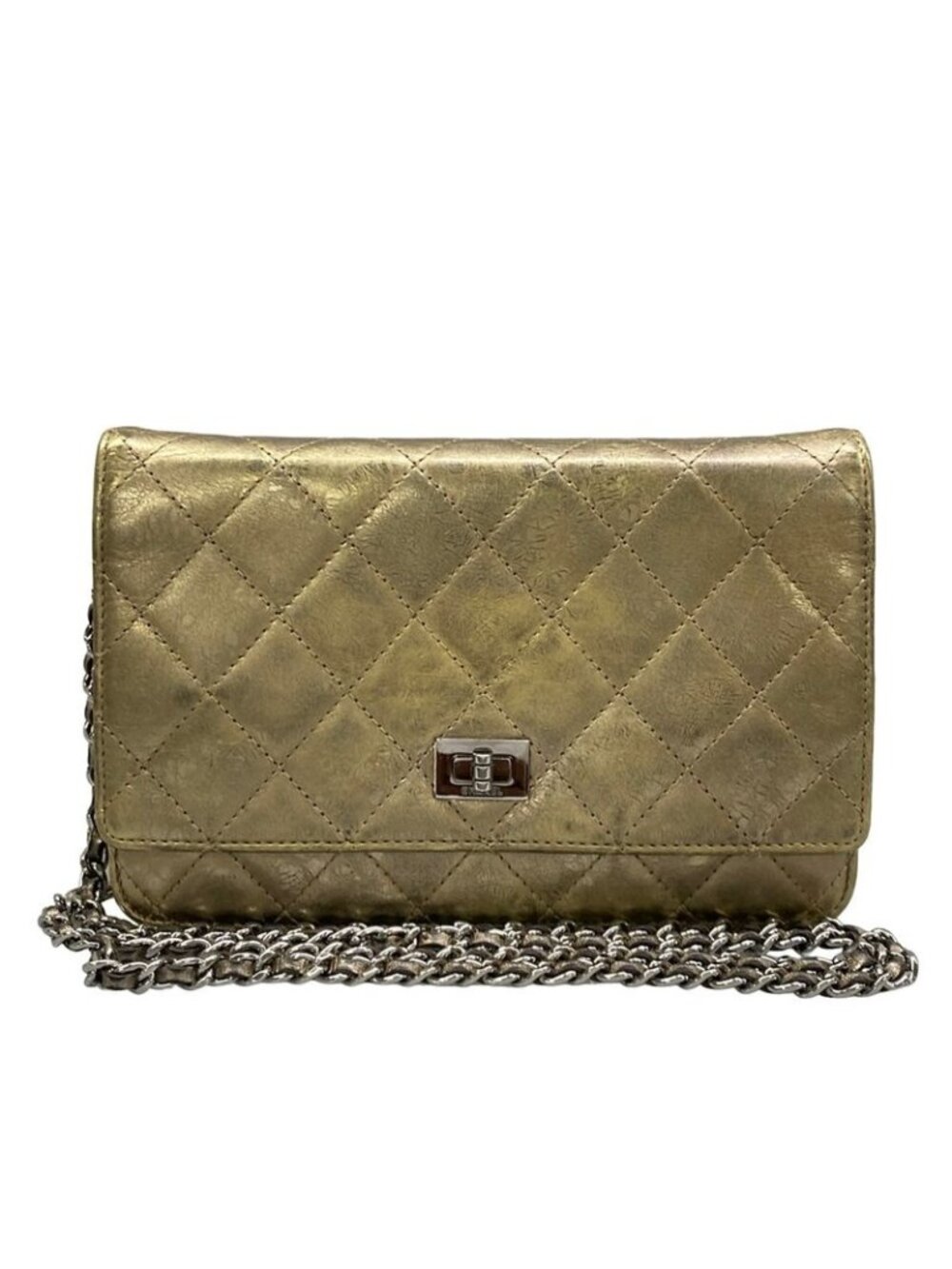 Chanel Wallet 2.55 Quilted Gold Chain Silver